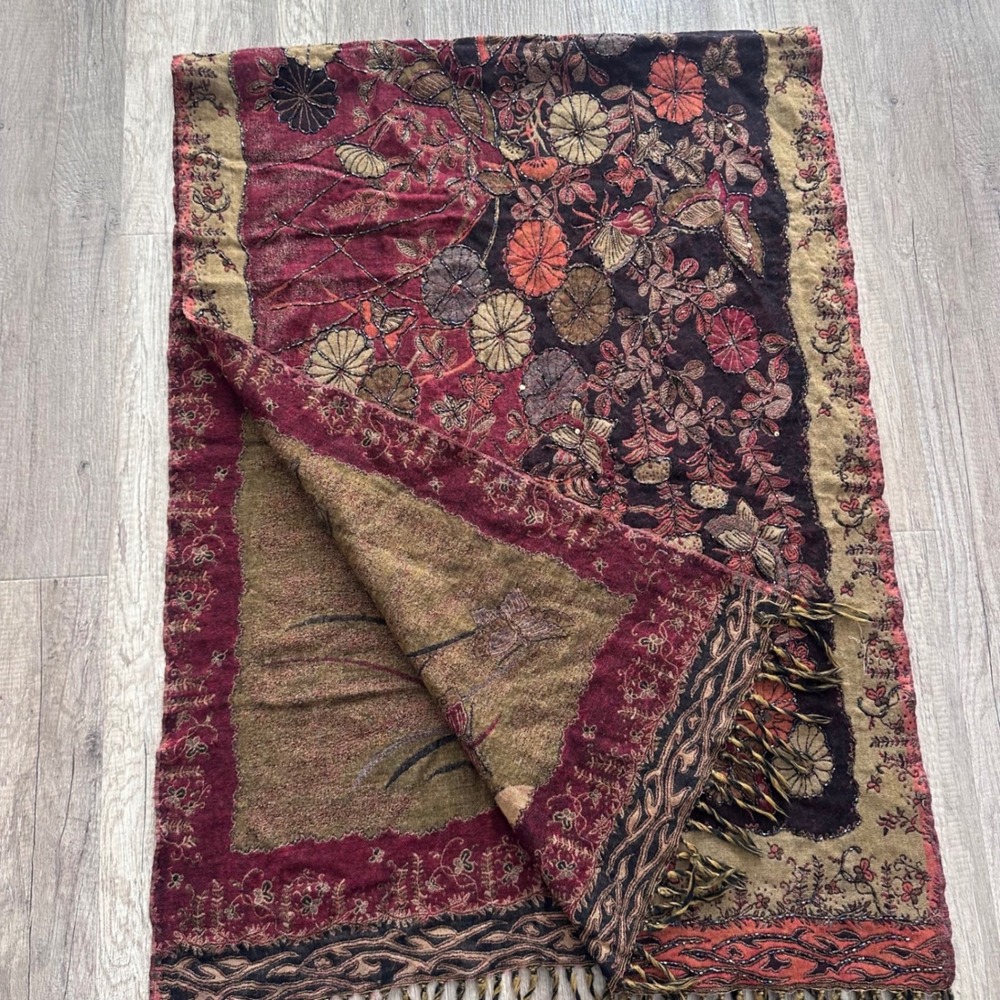 Pashmina Scarf Burgundy‎ Beaded Floral Boho Gypsy Wrap Butterflies - Picture 10 of 12
